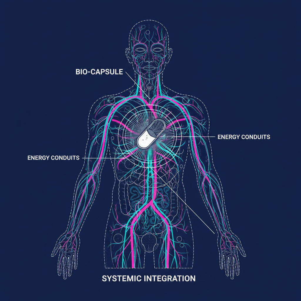 Scientific blueprint showing AeroCap capsule dissolving and energy pathways spreading through the human body