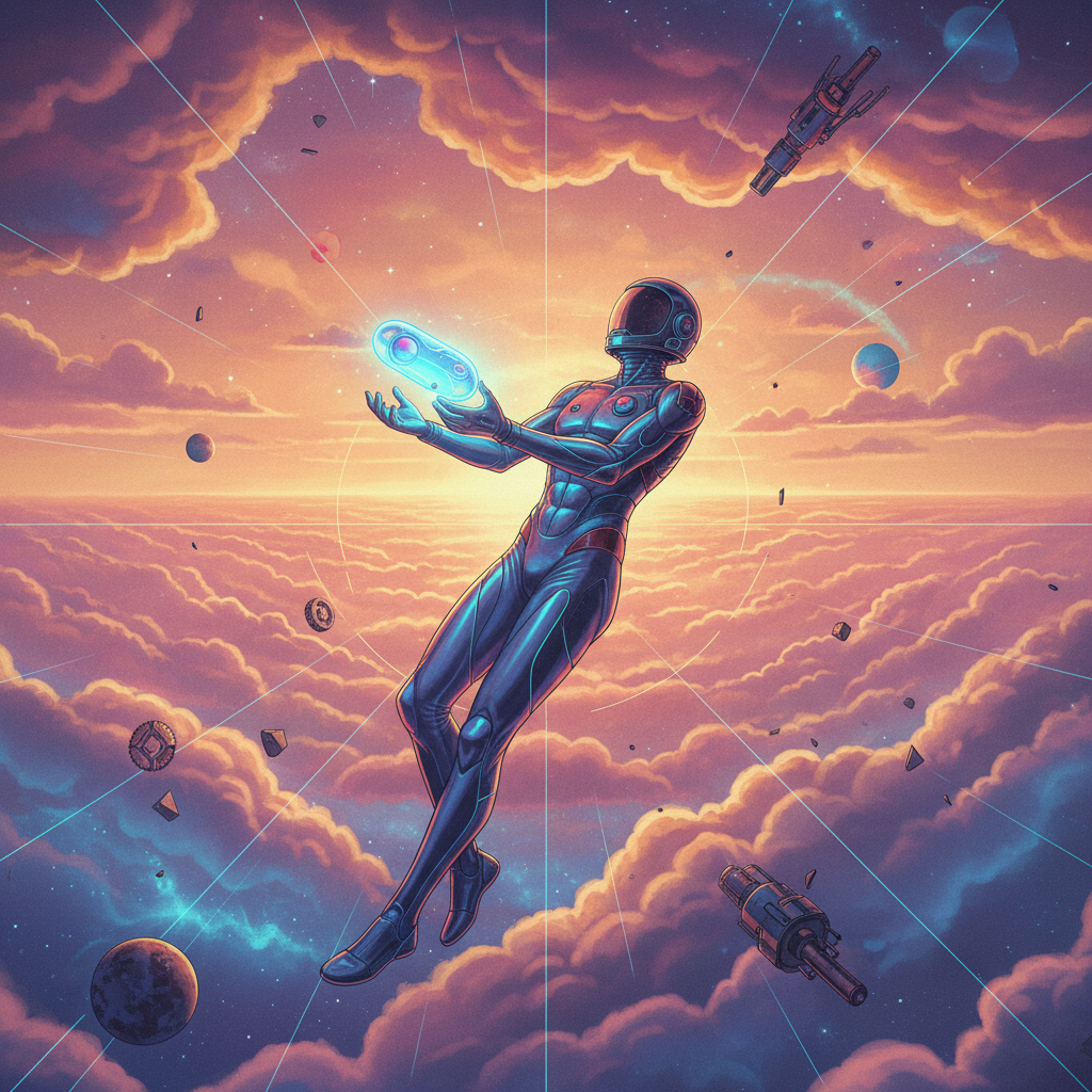 A person flying through golden hour clouds holding a glowing AeroCap capsule