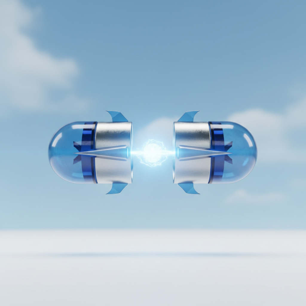 AeroCap glowing blue capsule floating in the sky