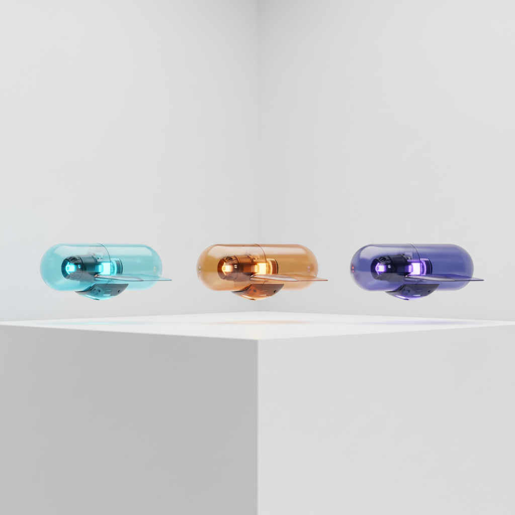 Three AeroCap capsule variants in sky blue, sunset orange, and deep indigo